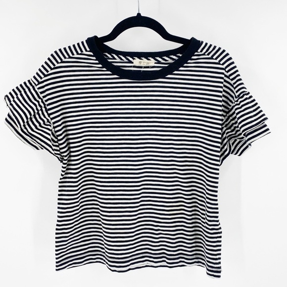 Madewell black white striped semi cropped ruffled short sleeve boxy minimalist - Picture 1 of 4